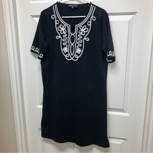 Jones New York Signature stretch cotton knit black dress, white soutache trim